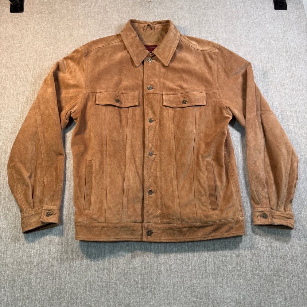 Eddie Bauer Seattle Suede Trucker Jacket Mens Tall M Tan Brown Washable Leather